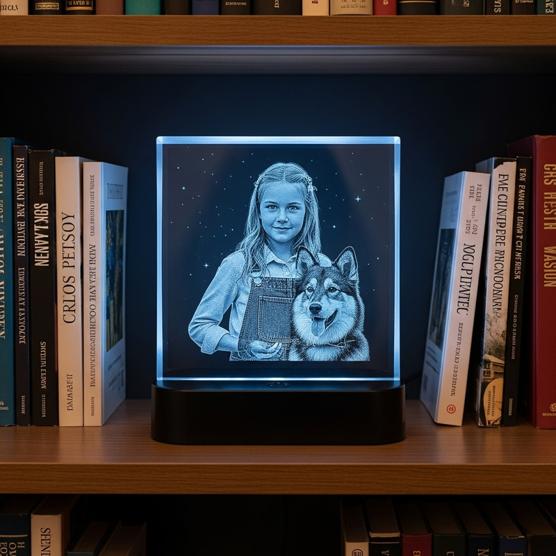 3D Engraving of Girl and Dog in Crystal Square on LED Base
