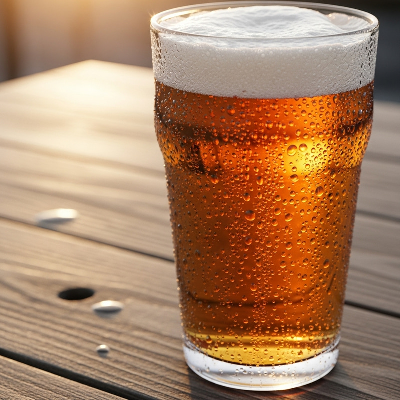 Cold Amber Beer - Rustic Wooden Table View | The Perfect Refreshing Drink