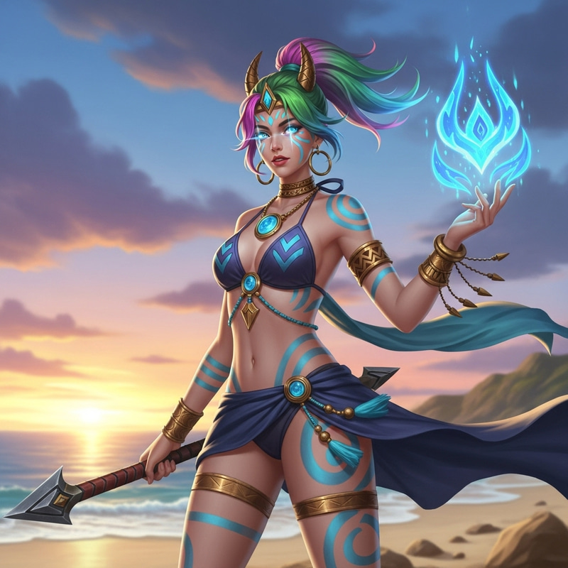 Mobile Legends Beach Battle Girl: Colorful Hair & Mystical Aura