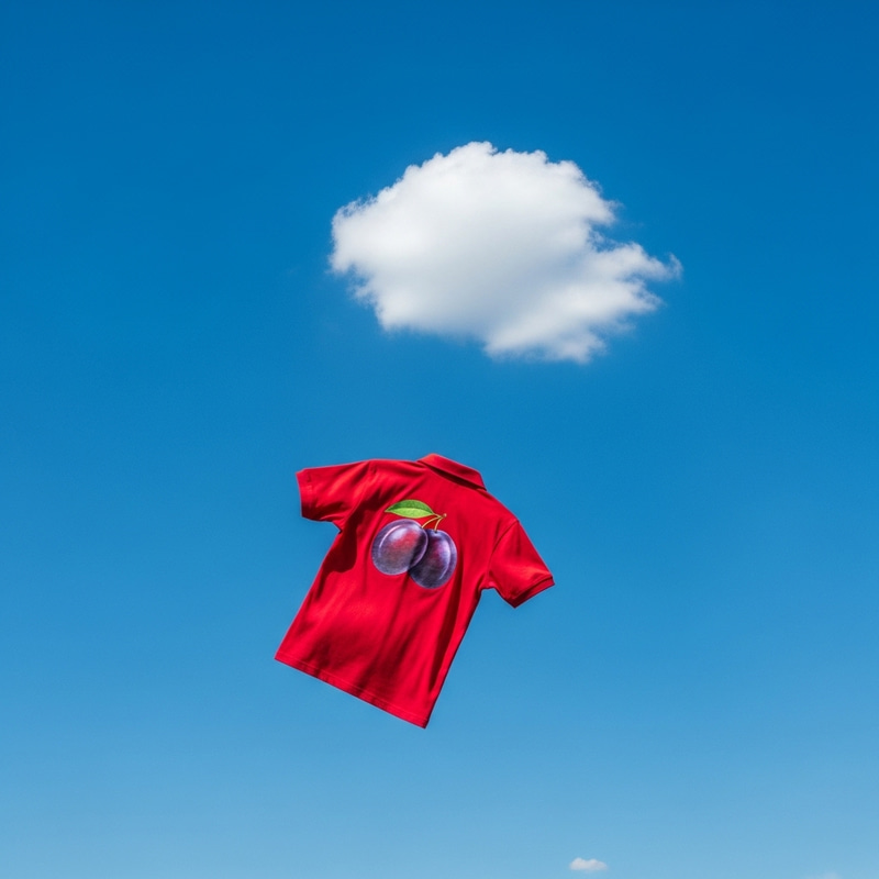 Vibrant Red Shirt with Flying Plums in Blue Sky Vibrant Red Shirt with Flying Plums in Blue Sky