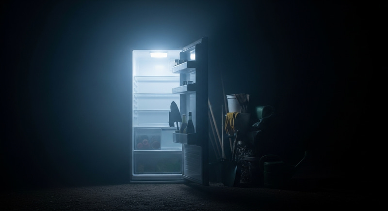 Eerie Refrigerator in Fog: A Surreal Garden Scene Eerie Refrigerator in Fog: A Surreal Garden Scene