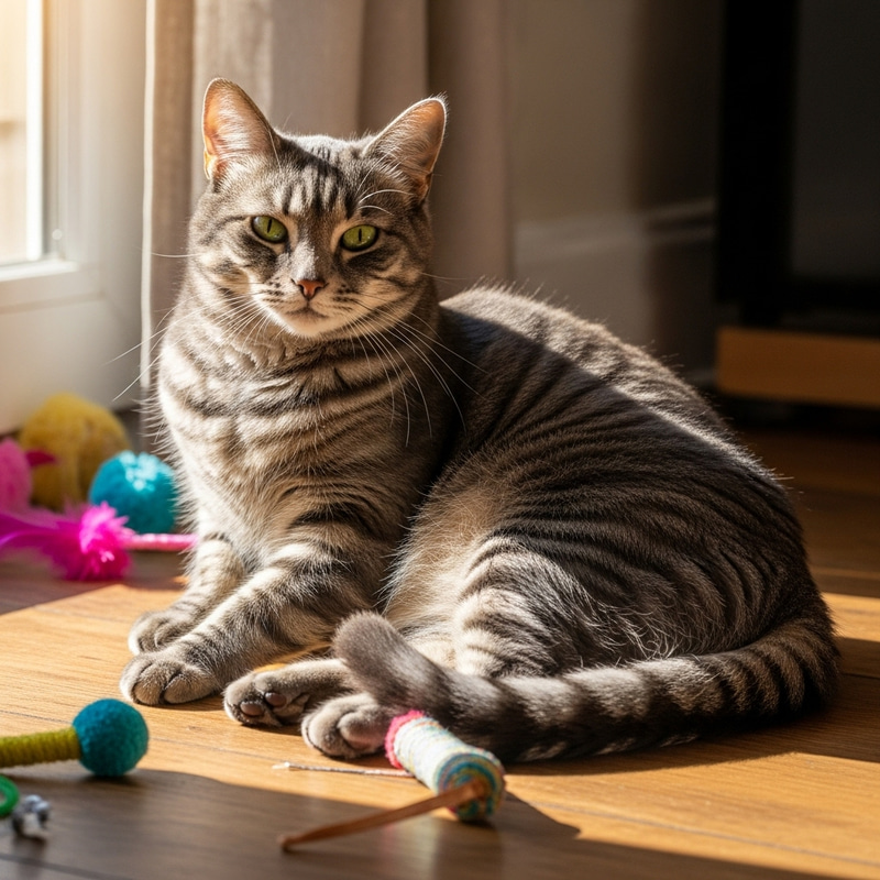 Adorable Grey Cat Enjoying Sunlight with Colorful Toys Adorable Grey Cat Enjoying Sunlight with Colorful Toys