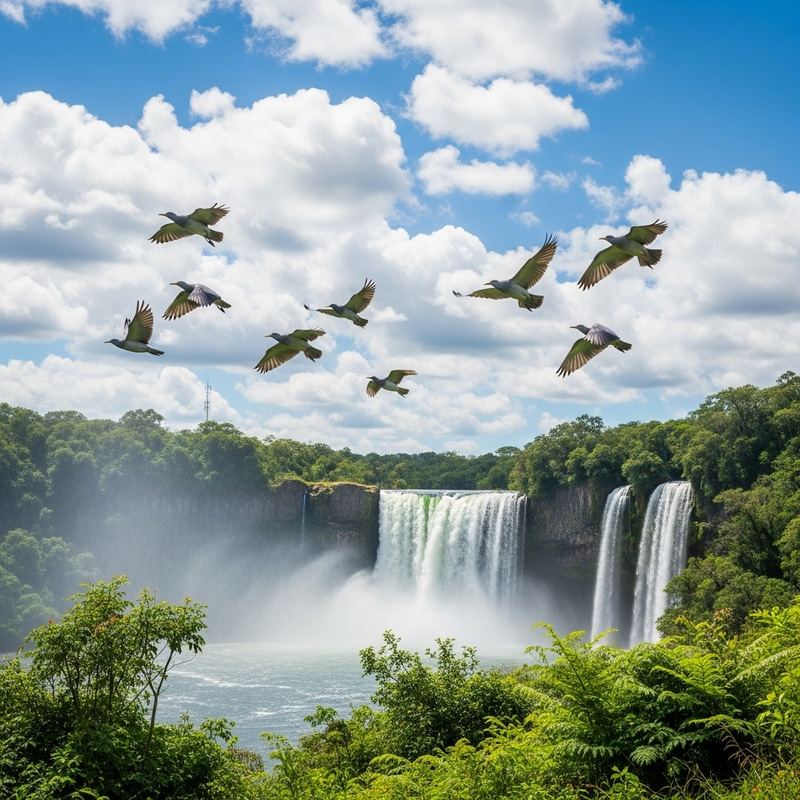 Graceful Birds Soaring Above a Cascading Waterfall in Vibrant Sky Graceful Birds Soaring Above a Cascading Waterfall in Vibrant Sky
