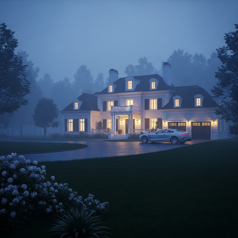 Tranquil Misty House and Luxury Audi in Surreal Night Scene
