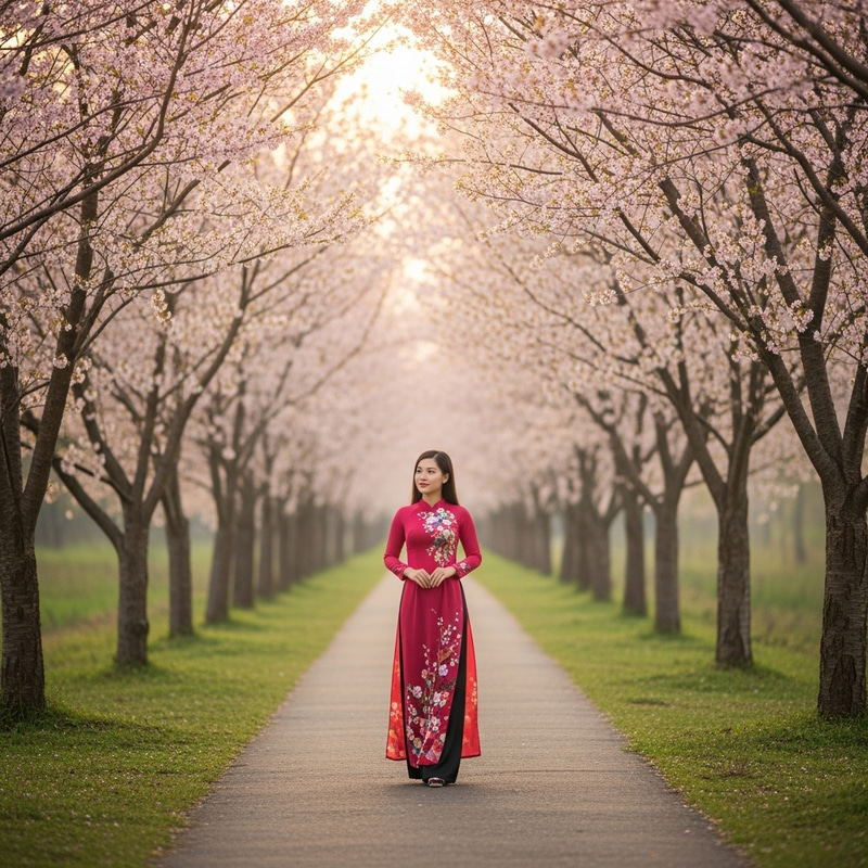 Vietnamese Woman Embracing Cherry Blossom Elegance