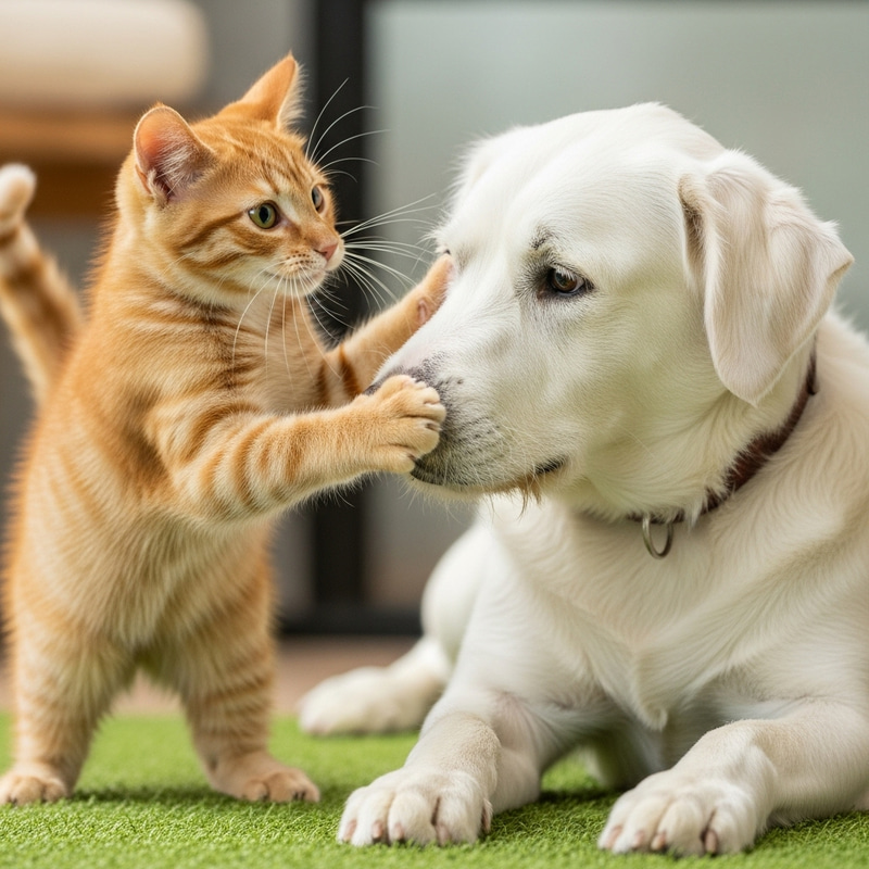 Adorable Cat and Dog Playing Together in Joyful Interaction