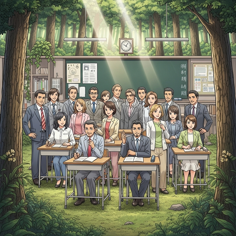 Manga-Style Forest Classroom: 19 Diverse Teachers Conversing Manga-Style Forest Classroom: 19 Diverse Teachers Conversing