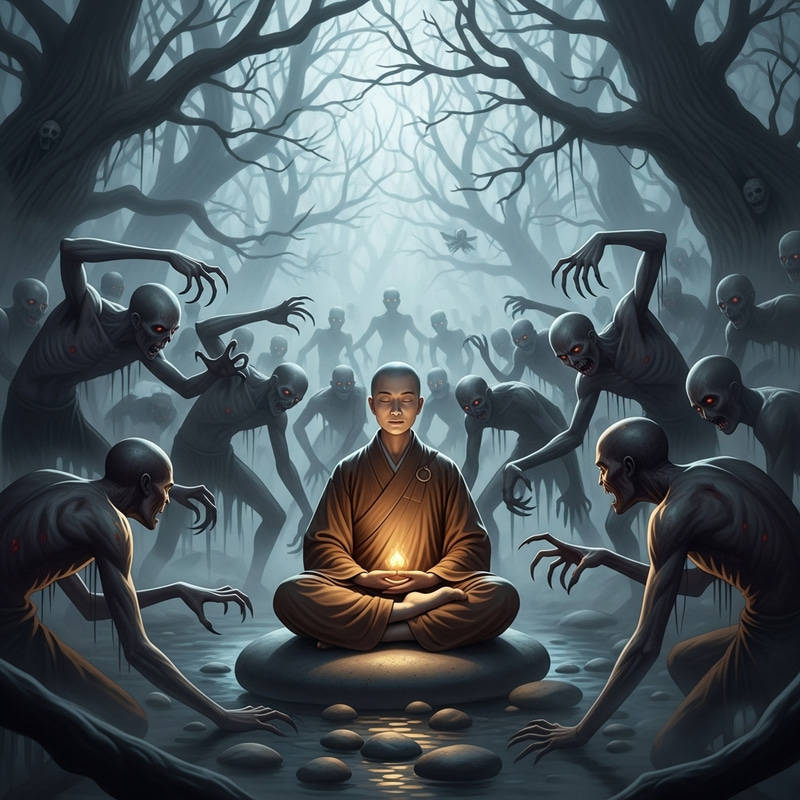 Tranquil Asian Meditator Surrounded by Spiritual Creatures Tranquil Asian Meditator Surrounded by Spiritual Creatures