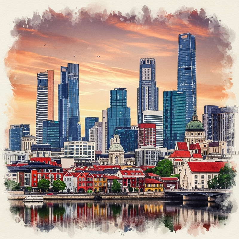 Vibrant Watercolor Cityscape Art