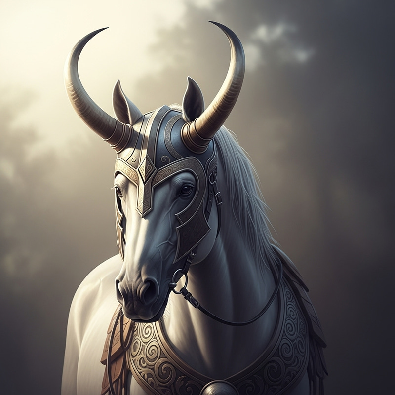 Majestic Horse in Horned Helmet | Mythical Aura Image Majestic Horse in Horned Helmet | Mythical Aura Image