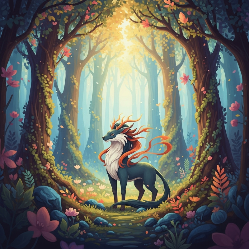 Graceful Mythical Creature in Vibrant Fantasy Forest Graceful Mythical Creature in Vibrant Fantasy Forest