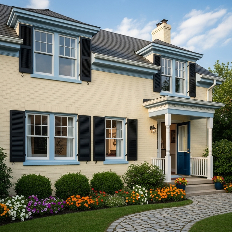 Charming Soft Yellow Brick House with Blue Trim Charming Soft Yellow Brick House with Blue Trim