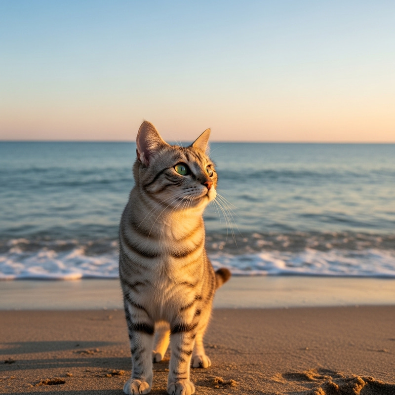 Curious Cat Gazing at the Ocean | Tranquil Sunset Scene Curious Cat Gazing at the Ocean | Tranquil Sunset Scene