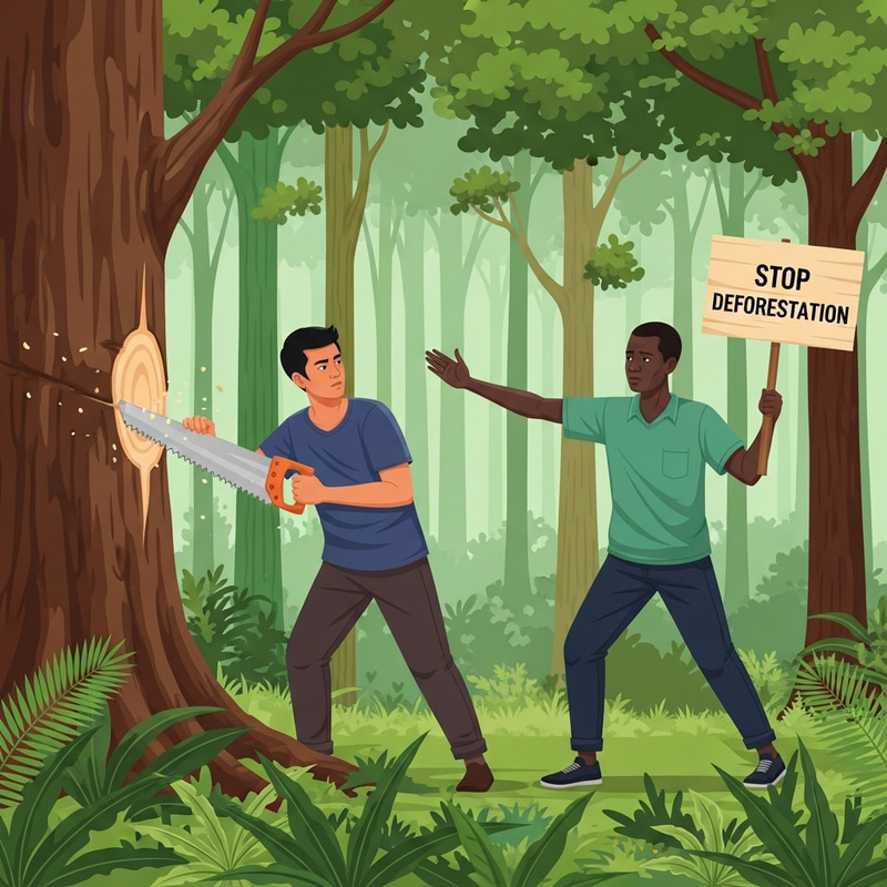 Stop Deforestation: Confrontation in lush forest Stop Deforestation: Confrontation in lush forest