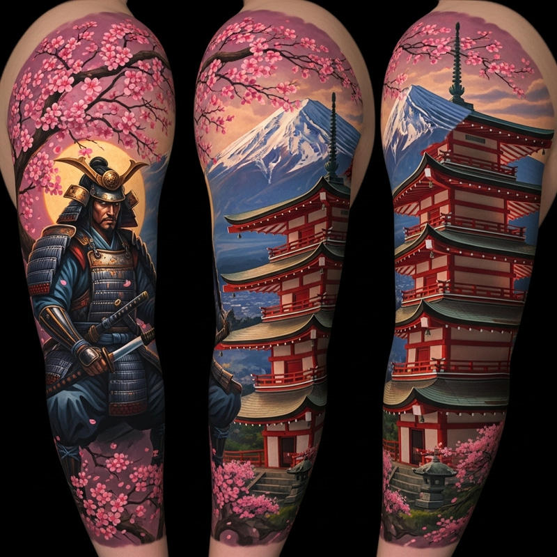 Vivid Samurai with Cherry Blossom Temple Tattoo Design