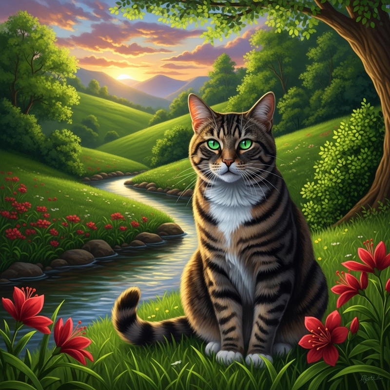 Tabby Cat by Lush Green Landscape
