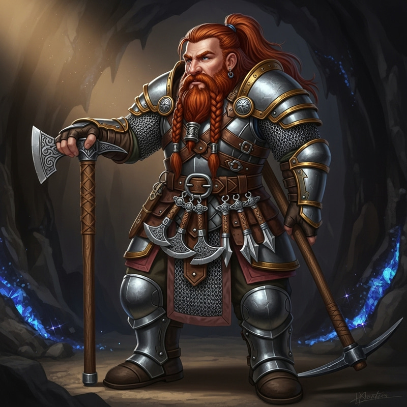 Dwarf in Chainmail Armor with Hand Axes and Pickaxe Dwarf in Chainmail Armor with Hand Axes and Pickaxe