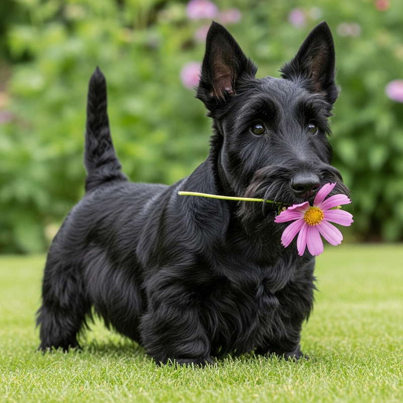 Adorable Scottish Terrier Holding Flower in Lush Garden Adorable Scottish Terrier Holding Flower in Lush Garden
