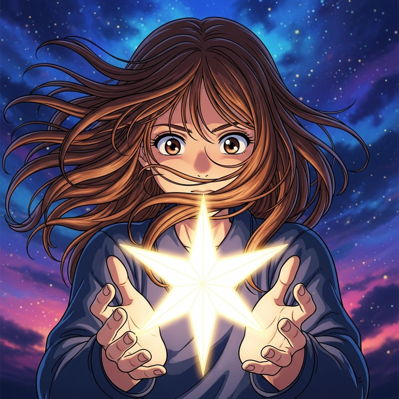 Anime Style Young Girl Holding Glowing Star Anime Style Young Girl Holding Glowing Star