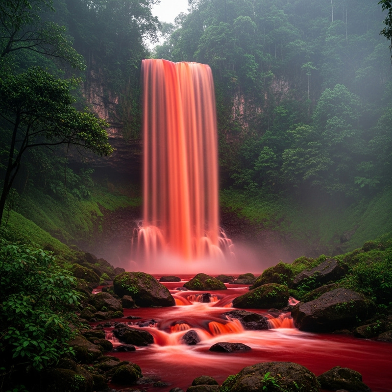 Mystical Red Waterfall - Enchanting Cascading Scene Mystical Red Waterfall - Enchanting Cascading Scene