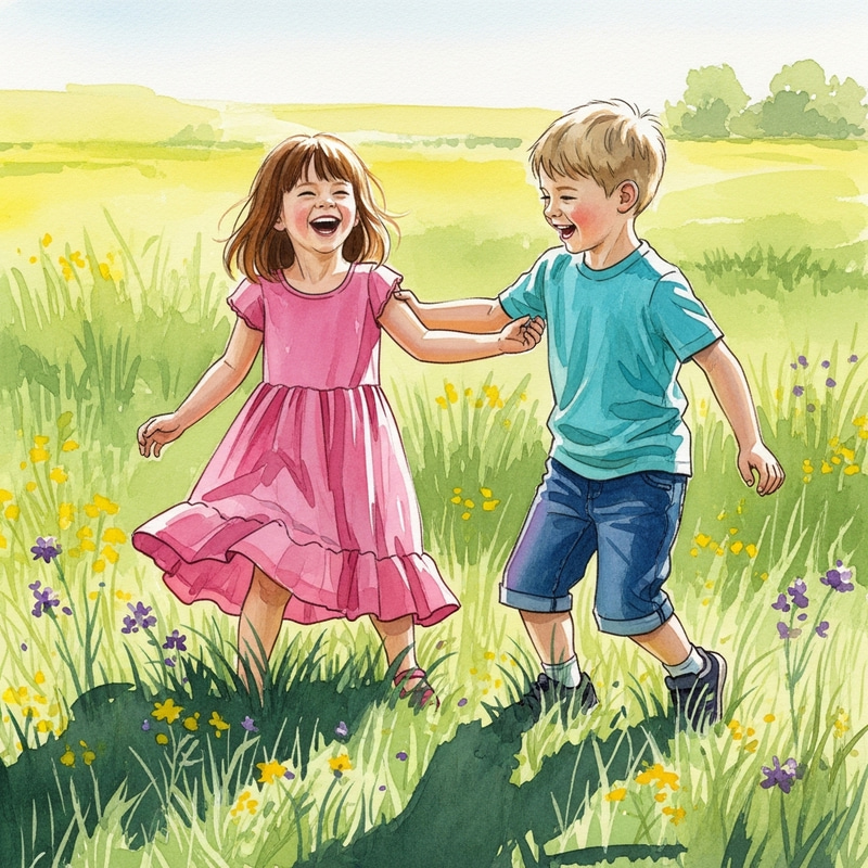 Young Girl and Boy in Sunlit Meadow