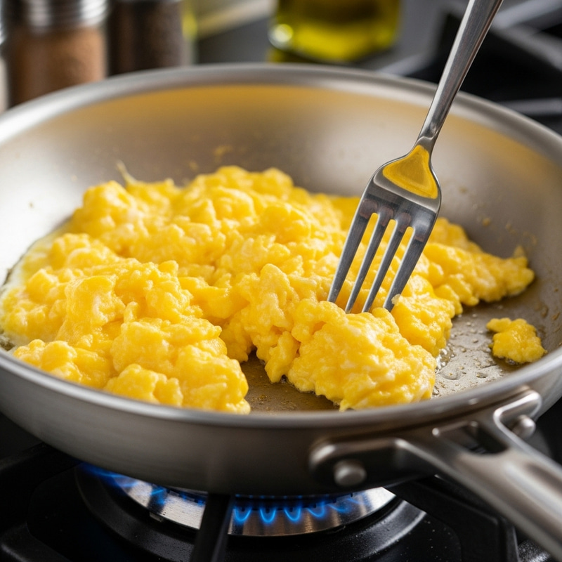 Scrambled Eggs in Non-Stick Frying Pan with Fork Scrambled Eggs in Non-Stick Frying Pan with Fork