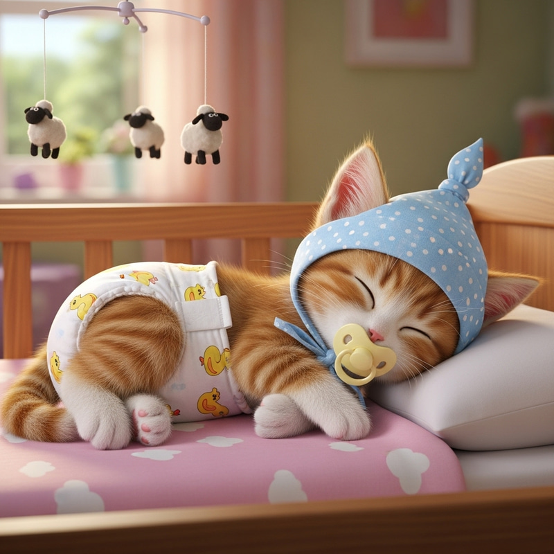 Sleeping Baby Kitten in Animated Crib with Pacifier - Cute Image