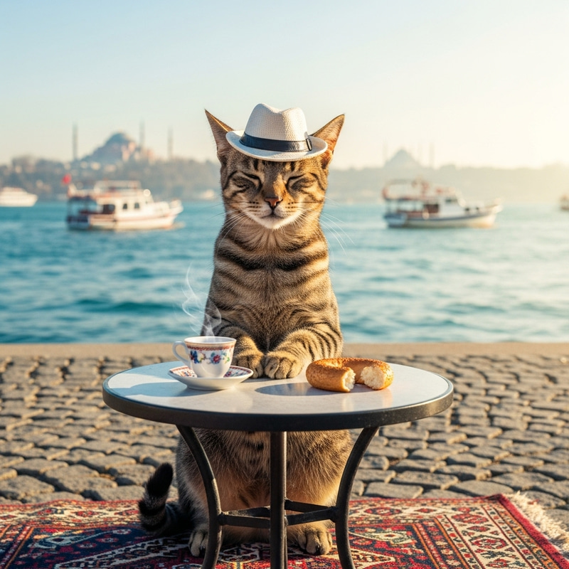 Cat with Hat by the Sea in Istanbul