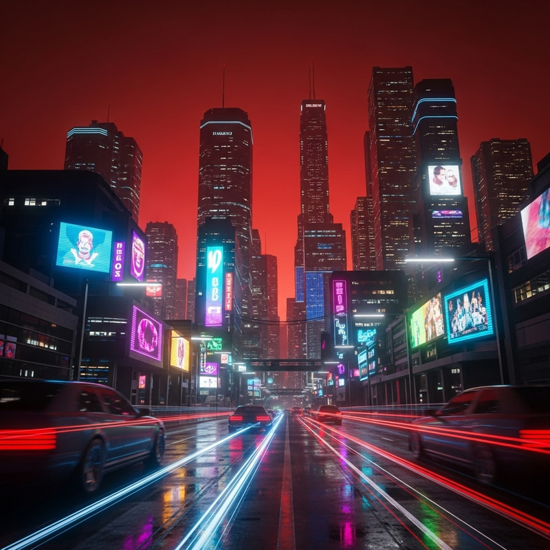 Cyberpunk Cityscape Under Red Night Sky - Futuristic Urban Metropolis Cyberpunk Cityscape Under Red Night Sky - Futuristic Urban Metropolis