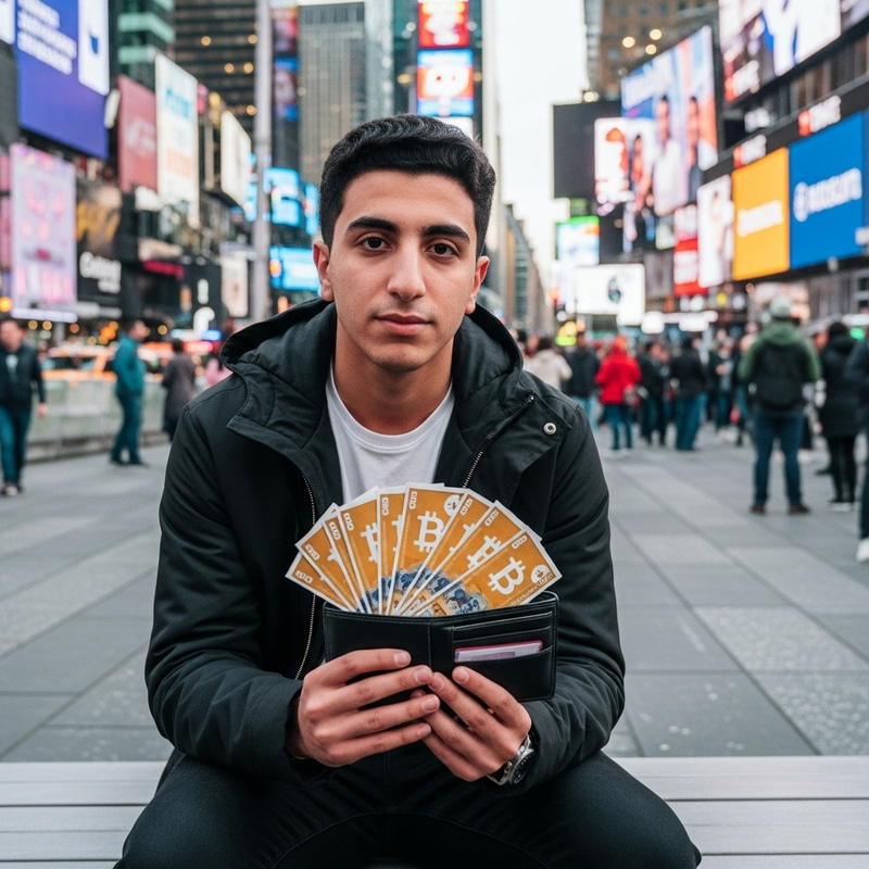 Bitcoin Wallet in Times Square: Young Man with Cash Bitcoin Wallet in Times Square: Young Man with Cash
