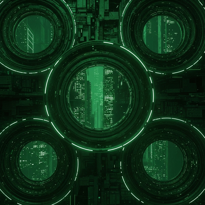 Dark Green Abstract with Circular Patterns | Futuristic Cyberpunk City Skyline