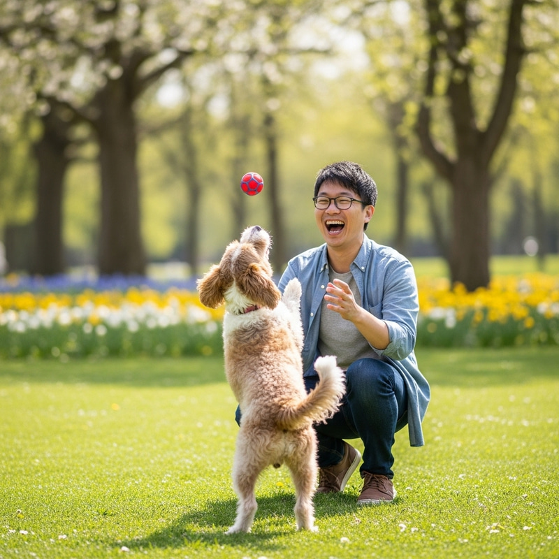 Happy Man Playing with White and Brown Dog Happy Man Playing with White and Brown Dog
