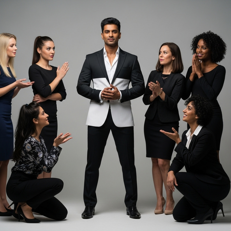 Charismatic Giga Chad Male in Sleek Black and White Suit Surrounded by Adoring Women Charismatic Giga Chad Male in Sleek Black and White Suit Surrounded by Adoring Women