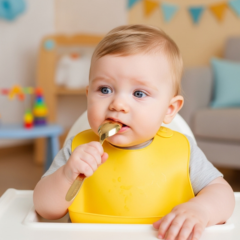 Adorable Baby with Gold Spoon in High Chair Adorable Baby with Gold Spoon in High Chair