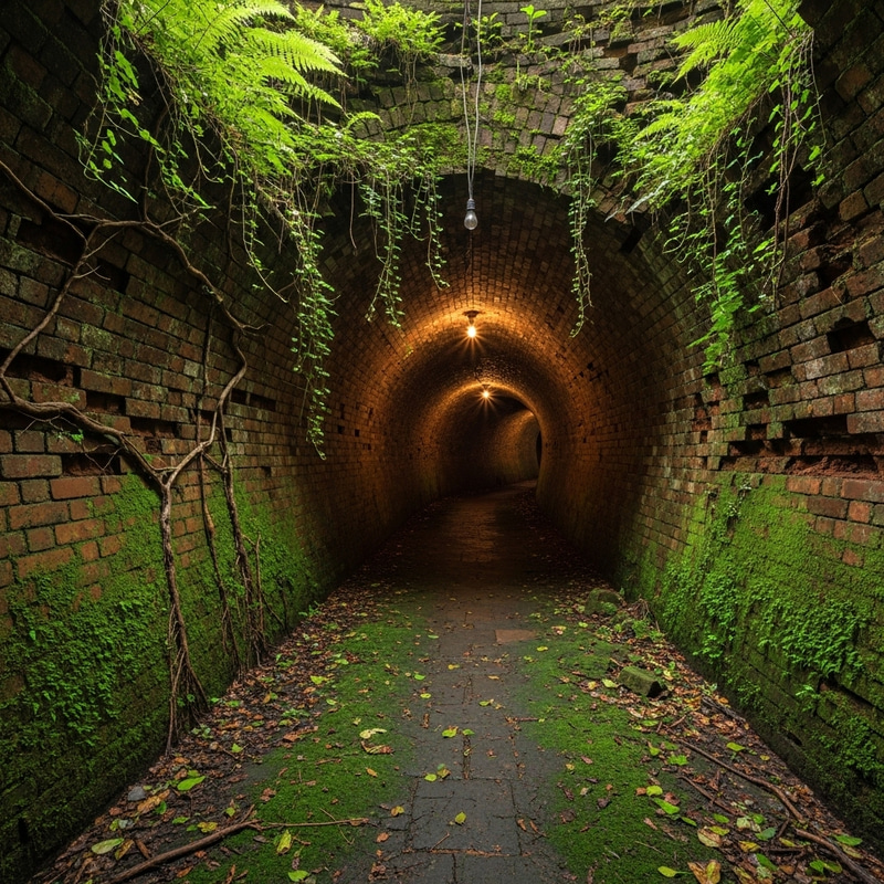 Gloomy Brick Underground Tunnel with Vaulted Ceiling Gloomy Brick Underground Tunnel with Vaulted Ceiling
