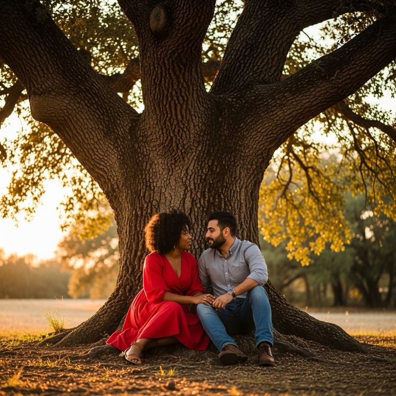Passionate Sunset Conversation Under Ancient Oak Tree