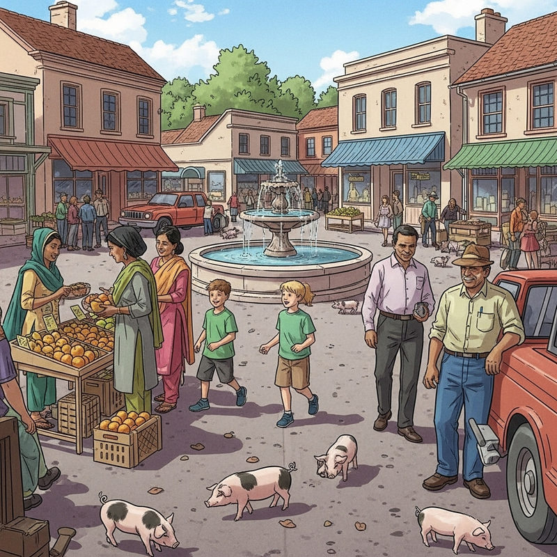 Bustling Small Town Center with Diverse People and Playful Piglets Bustling Small Town Center with Diverse People and Playful Piglets