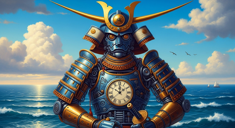 Clockwork Samurai Painting with Colorful Cyber Features Clockwork Samurai Painting with Colorful Cyber Features