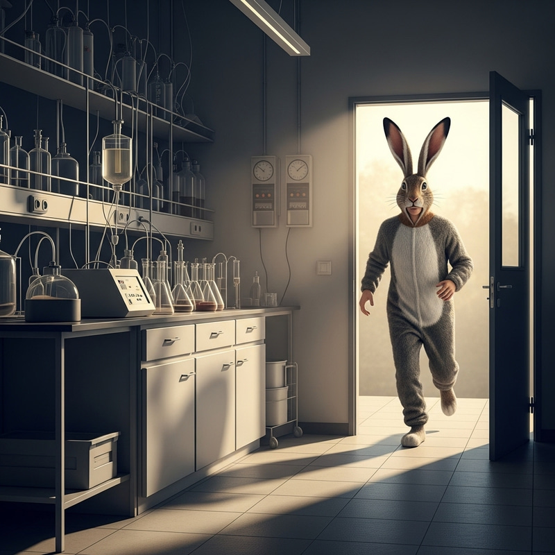 White Man in Hare Costume Escapes Laboratory Desperately White Man in Hare Costume Escapes Laboratory Desperately