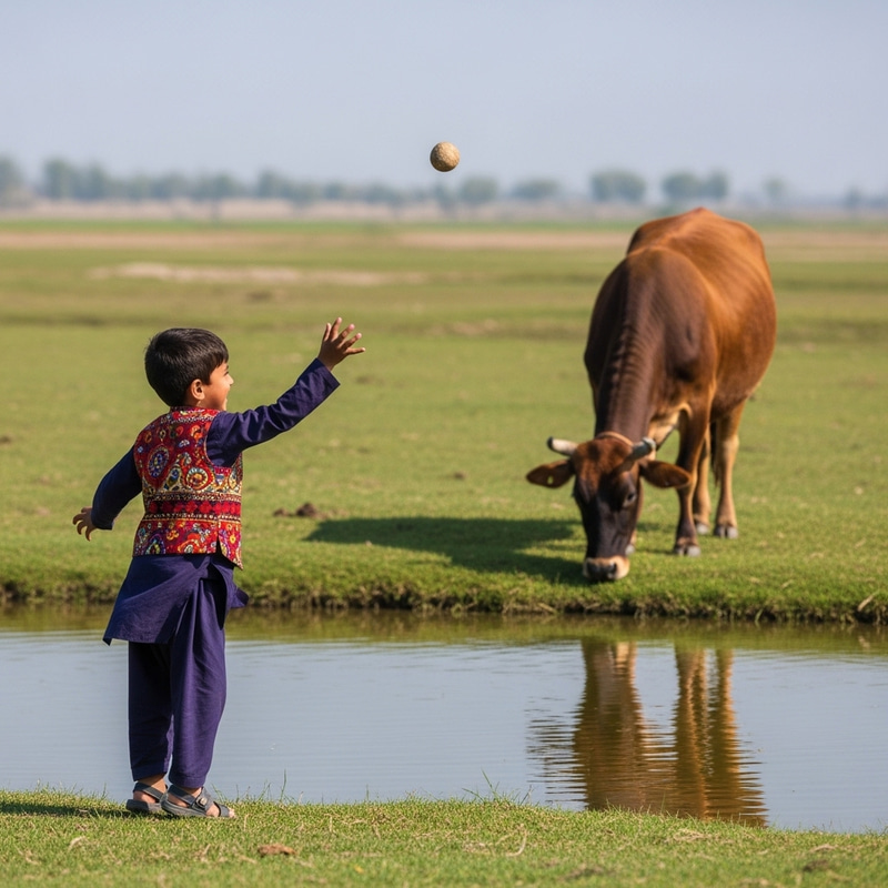 4 Year Old Boy Playing by Pond with Curious Cow