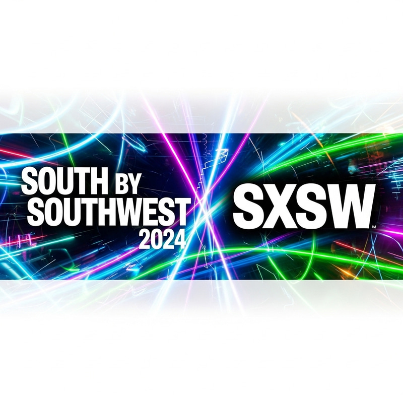 Vibrant South by Southwest 2024 Banner - Neon Lights Design | Music Festival-Inspired