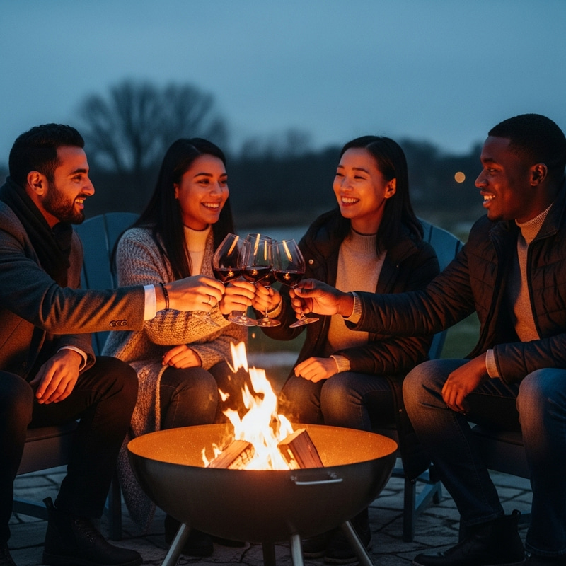 Diverse Group Enjoying Wine Night by Fire Pit Outdoors