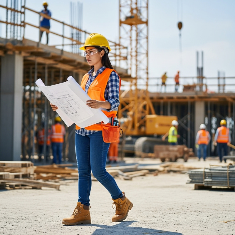Contemporary Hispanic Woman Examining Blueprints on Construction Site