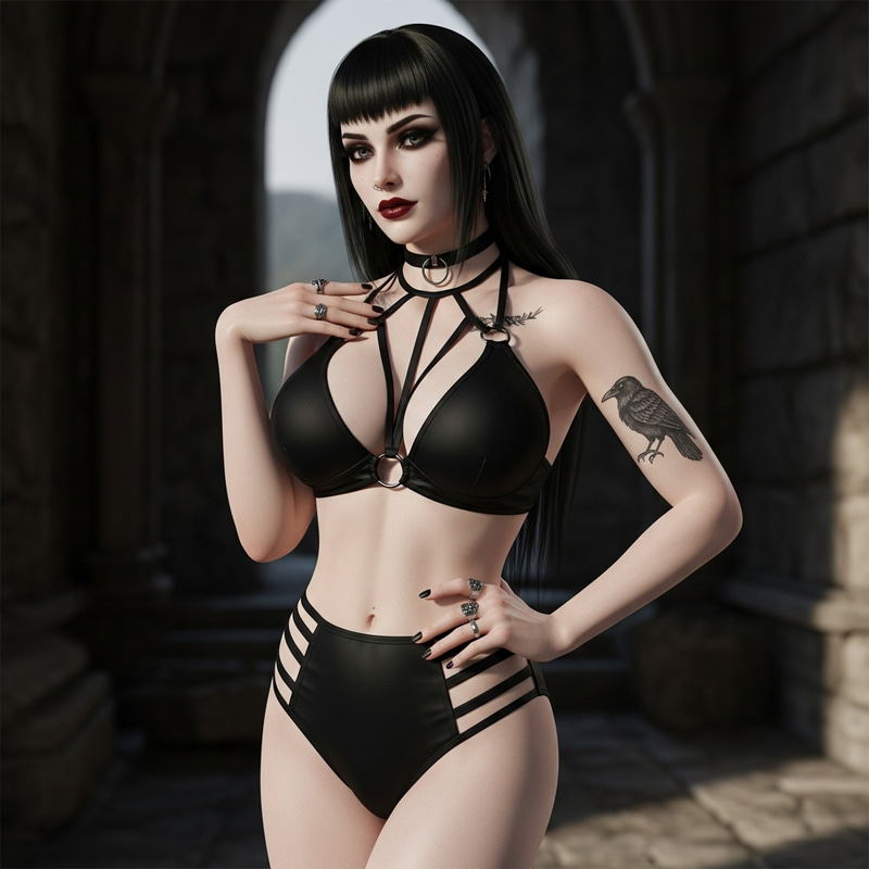 Seductive Gothic Bikini Model with Black Hair Seductive Gothic Bikini Model with Black Hair