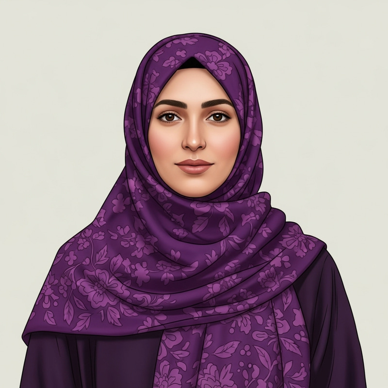 Elegant Middle-Eastern Woman in Purple Floral Hijab Elegant Middle-Eastern Woman in Purple Floral Hijab