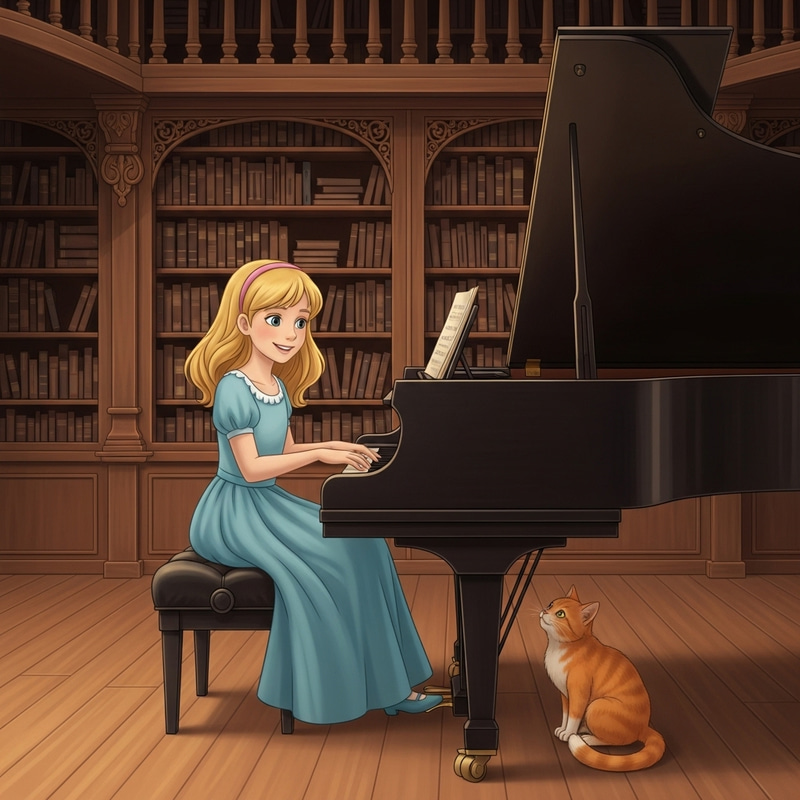 Seven-Year-Old Princess Playing Grand Piano with Cat in Baroque-Inspired Library