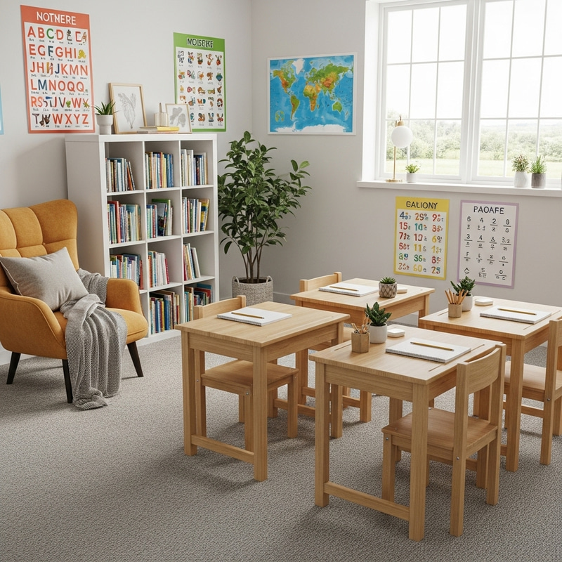 Vibrant Classroom Design with Collaborative Desks & Reading Corner