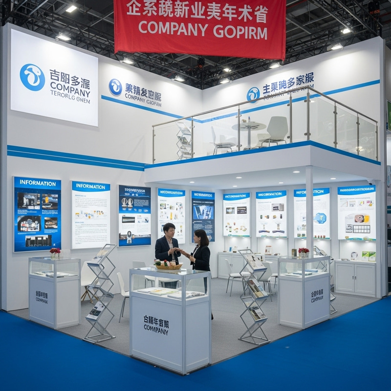 Two-Story Exhibition Booth with Information Panels & Product Samples