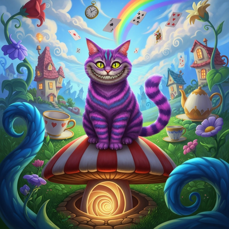 Cheshire Cat Wonderland - Enchanting Smile in Rabbit Hole