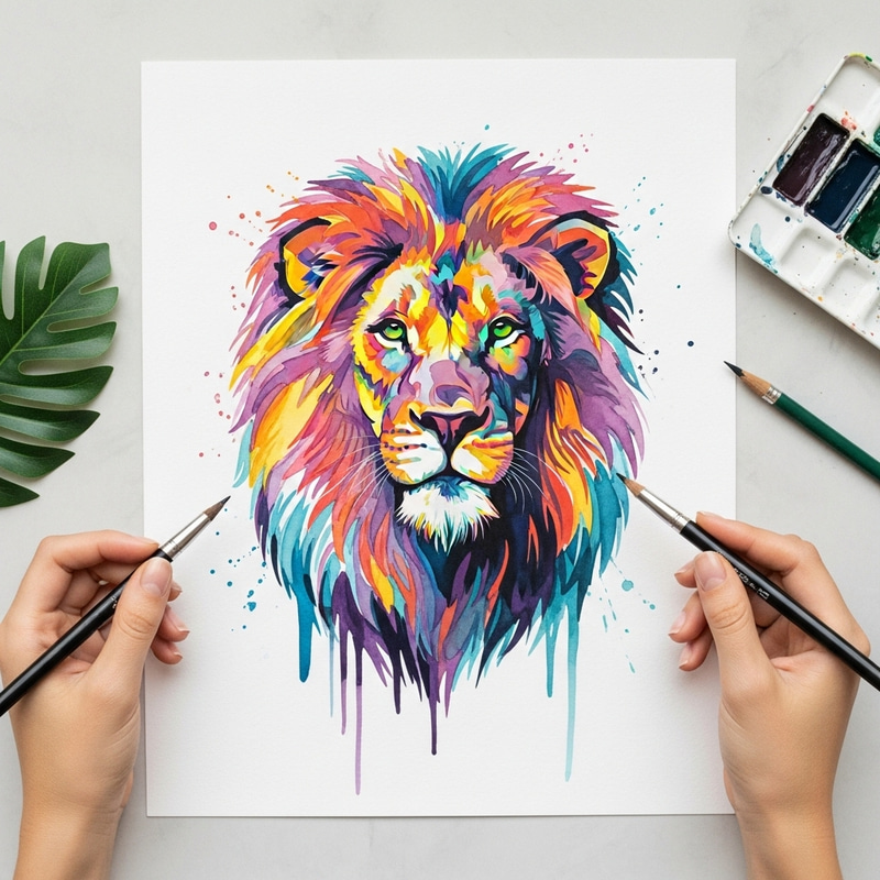 Vibrant Watercolor Lion Art by Teen Artist